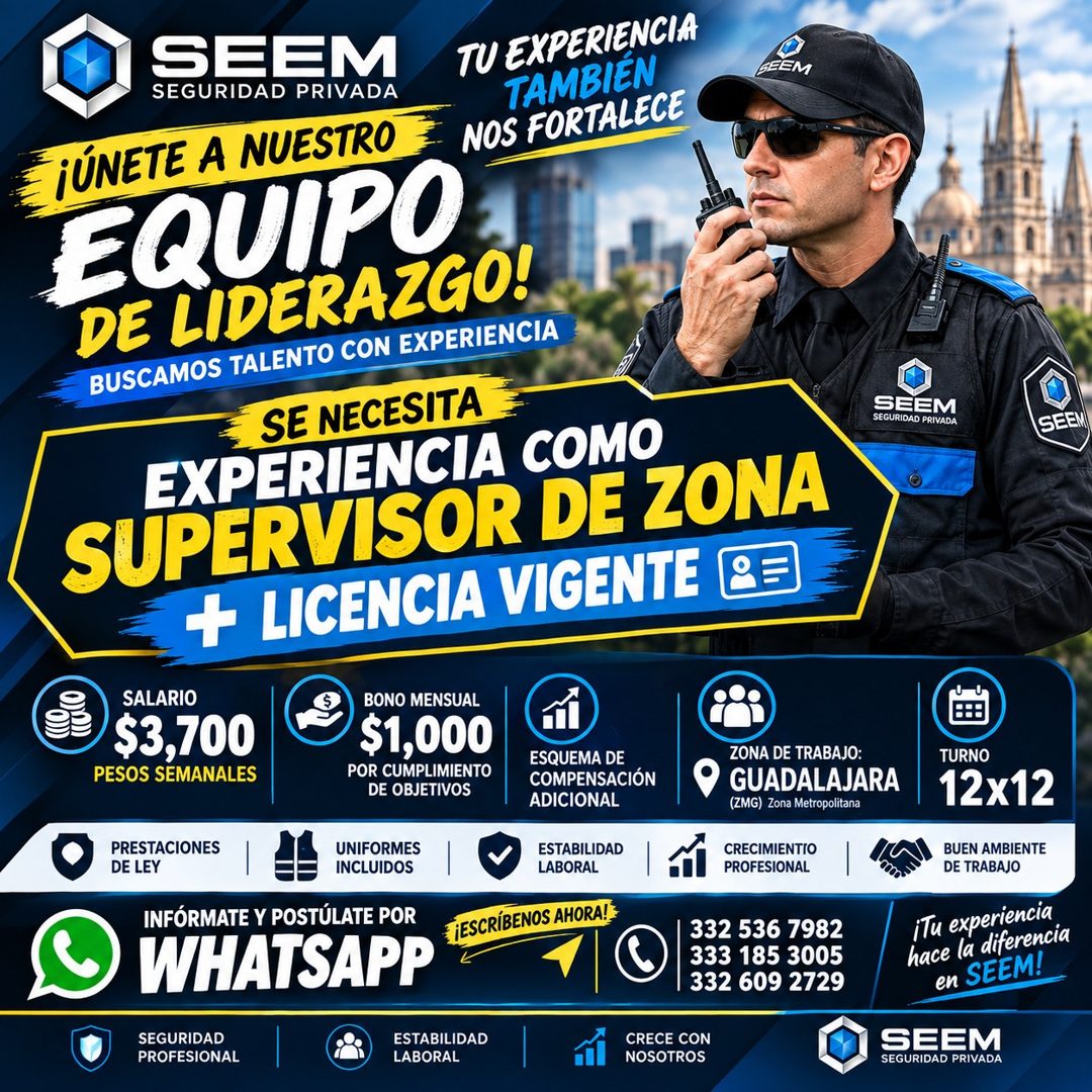 Banner del anuncio de la vacante: SEEM · SEGURIDAD PRIVADA · TU EXPERIENCIA · TAMBIÉN · NOS FORTALECE · GEEM · ¡ÚNETE A NUESTRO · EQUIPO · DE LIDERAZGO! · BUSCAMOS TALENTO CO