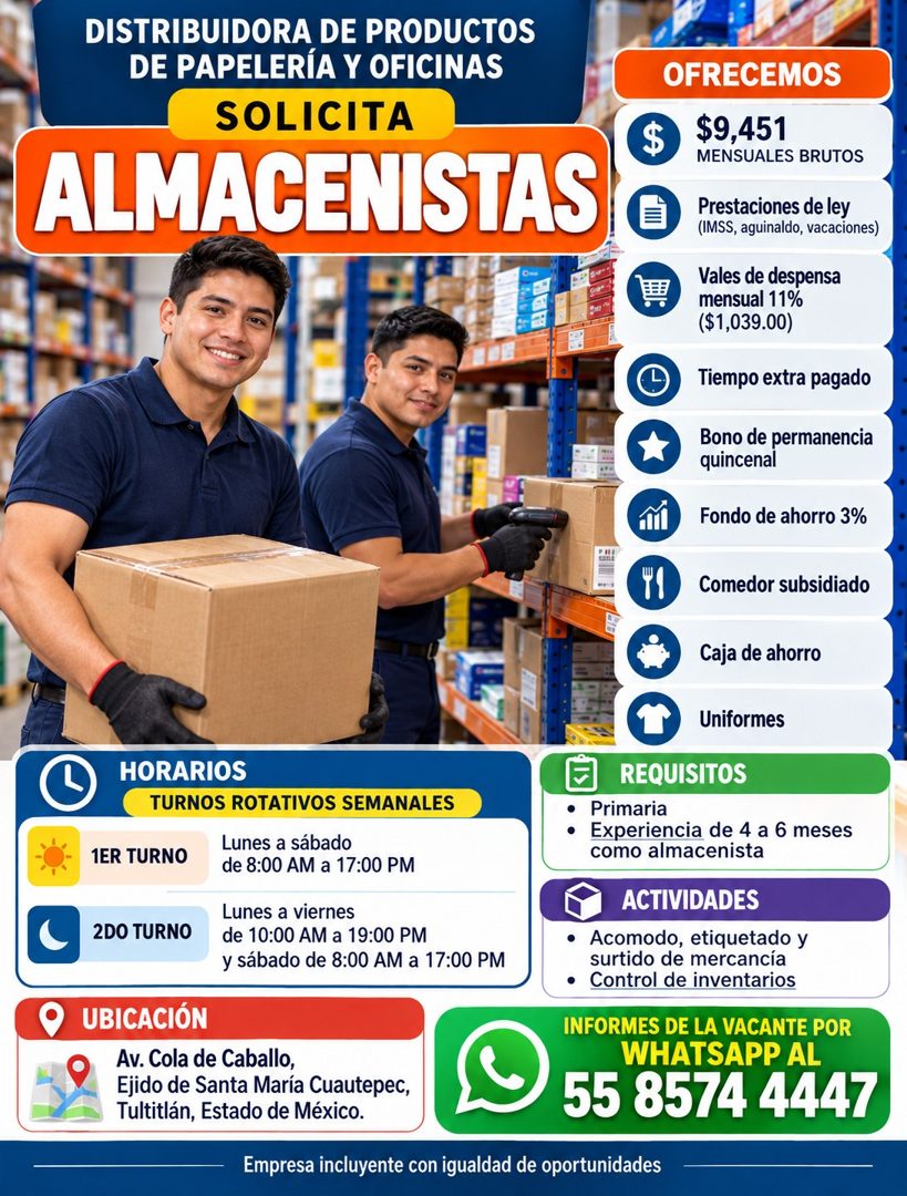 Banner del anuncio de la vacante: DISTRIBUIDORA DE PRODUCTOS · DE PAPELERÍA Y OFICINAS · SOLICITA · ALMACENISTAS · HAB · $ · OFRECEMOS · $9,451 · MENSUALES BRUTOS · Prestacio