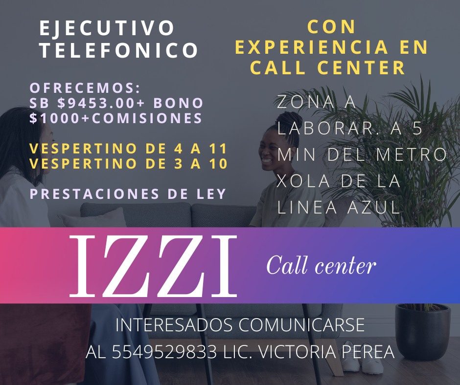 Banner del anuncio de la vacante: EJECUTIVO · TELEFONICO · OFRECEMOS: · SB $9453.00+ BONO · $1000+ COMISIONES · VESPERTINO DE 4 A 11 · VESPERTINO DE 3 A 10 · PRESTACIONES DE 