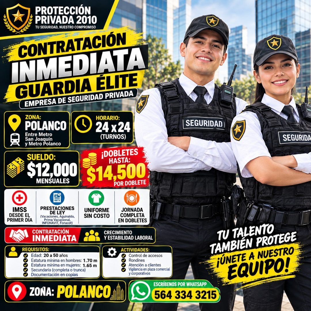 Banner del anuncio de la vacante: PROTECCIÓN · PRIVADA 2010 · TU SEGURIDAD, NUESTRO COMPROMISO · CONTRATACIÓN · INMEDIATA · GUARDIA ÉLITE · EMPRESA DE SEGURIDAD PRIVADA · ZON