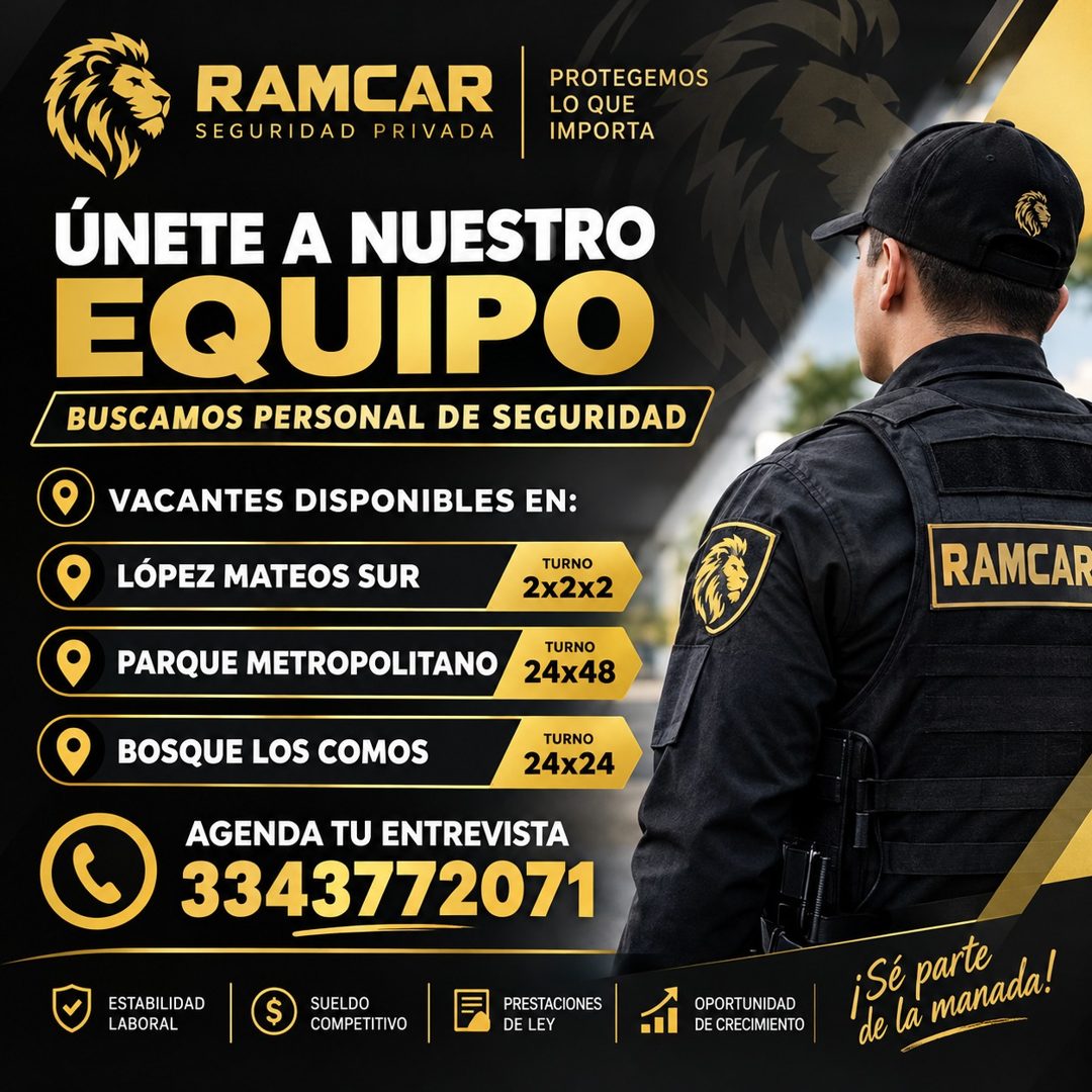 Banner del anuncio de la vacante: RAMCAR · SEGURIDAD PRIVADA · PROTEGEMOS · LO QUE · IMPORTA · ÚNETE A NUESTRO · EQUIPO · BUSCAMOS PERSONAL DE SEGURIDAD · VACANTES DISPONIBLE