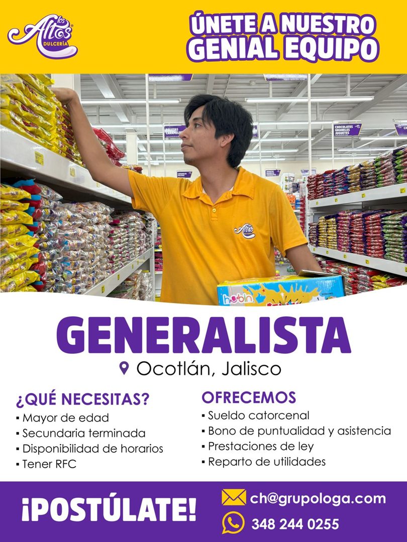 Banner del anuncio de la vacante: Silos · DULCERÍA · ÚNETE A NUESTRO · GENIAL EQUIPO · CHOCOLATES C · JUGUETES · habin. · GENERALISTA · Ocotlán, Jalisco · ¿QUÉ NECESITAS? · •