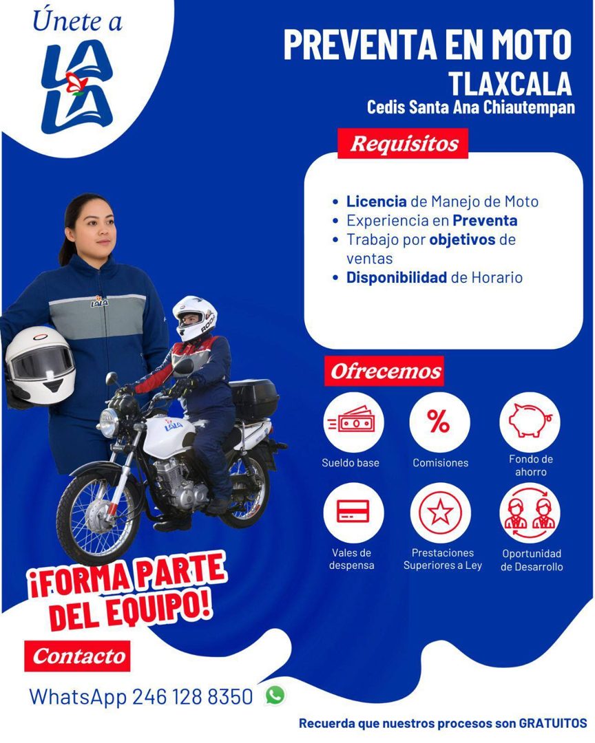 Banner del anuncio de la vacante: Únete a · PREVENTA EN MOTO · TLAXCALA · Cedis Santa Ana Chiautempan · Requisitos · • Licencia de Manejo de Moto · • Experiencia en Preventa 