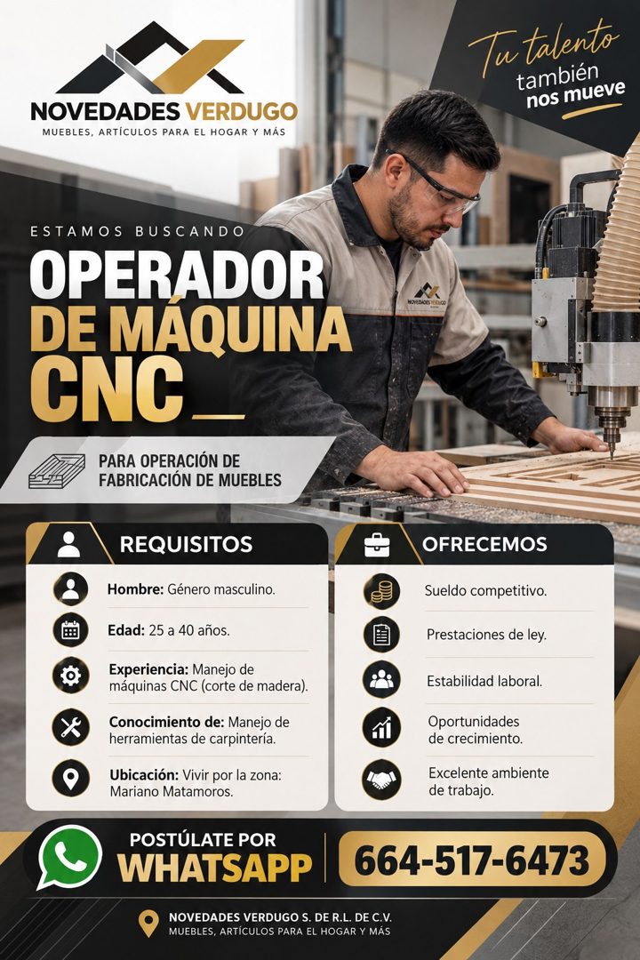 Banner del anuncio de la vacante: Tutalento · también · nos mueve · NOVEDADES VERDUGO · MUEBLES, ARTÍCULOS PARA EL HOGAR Y MÁS · ESTAMOS BUSCANDO · OPERADOR · DE MAQUINA · CN