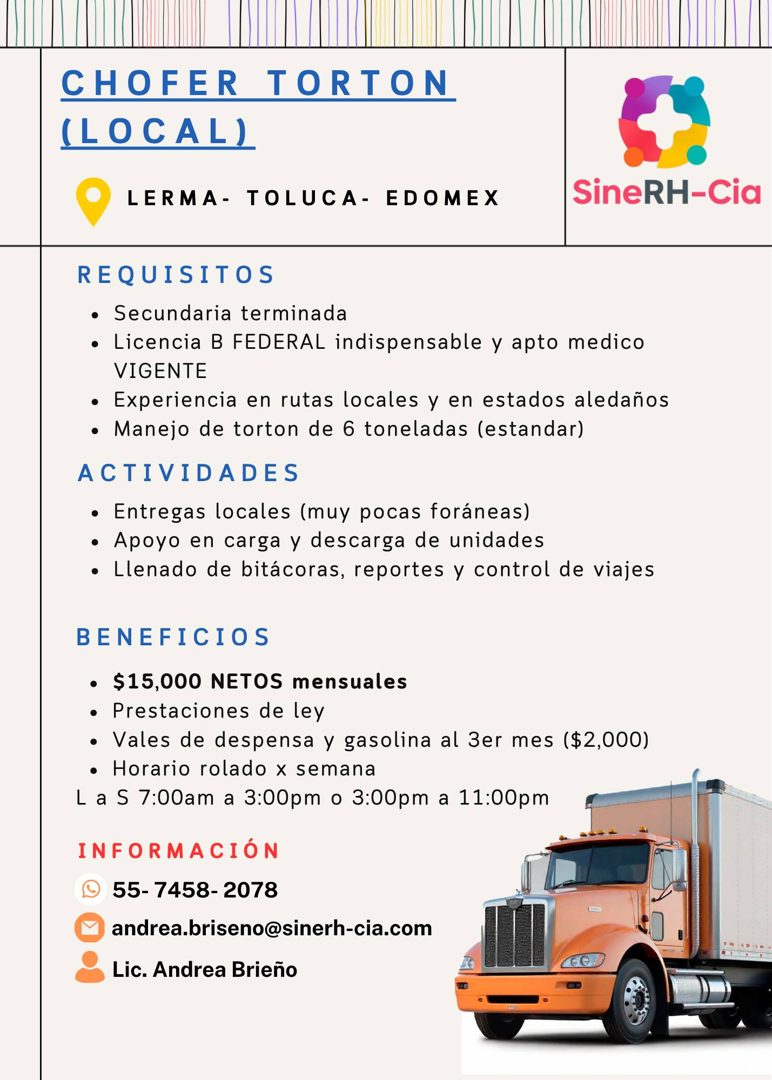 Banner del anuncio de la vacante: CHOFER TORTON · (LOCAL) · LERMA- TOLUCA - EDOMEX · SineRH-Cia · REQUISITOS · • Secundaria terminada · • Licencia B FEDERAL indispensable y a