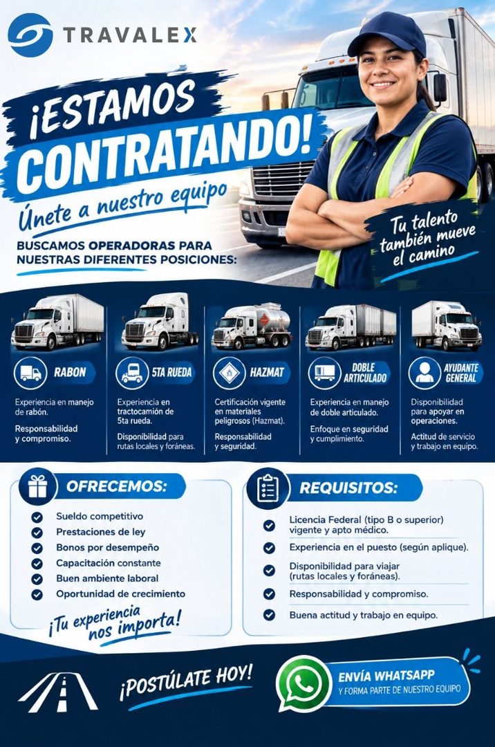 Banner del anuncio de la vacante: TRAVALEX · ¡ESTAMOS · CONTRATANDO! · Únete a nuestro equipo · BUSCAMOS OPERADORAS PARA · NUESTRAS DIFERENTES POSICIONES: · Tu talento · - ta