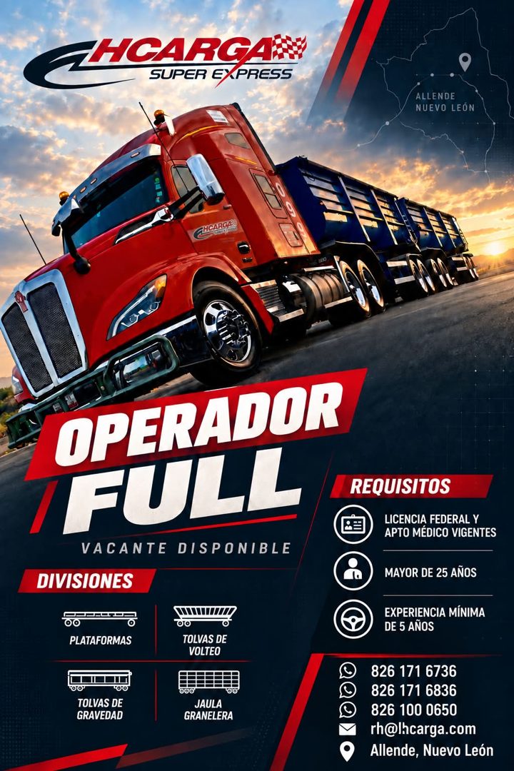 Banner del anuncio de la vacante: CHIGARGAS · SUPER EXPRESS · ALLENDE · NUEVO LEÓN · THCARGIE · OPERADOR · FULL · VACANTE DISPONIBLE · DIVISIONES · O0 · REQUISITOS · LICENCIA