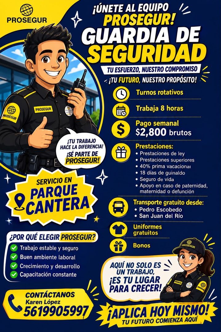 Banner del anuncio de la vacante: PROSEGUR · PROSEGUR · PROSEGUR · SERVICIO EN · PARQUE · CANTERA · ¿POR QUÉ ELEGIR PROSEGUR? · Trabajo estable y seguro · Buen ambiente labor
