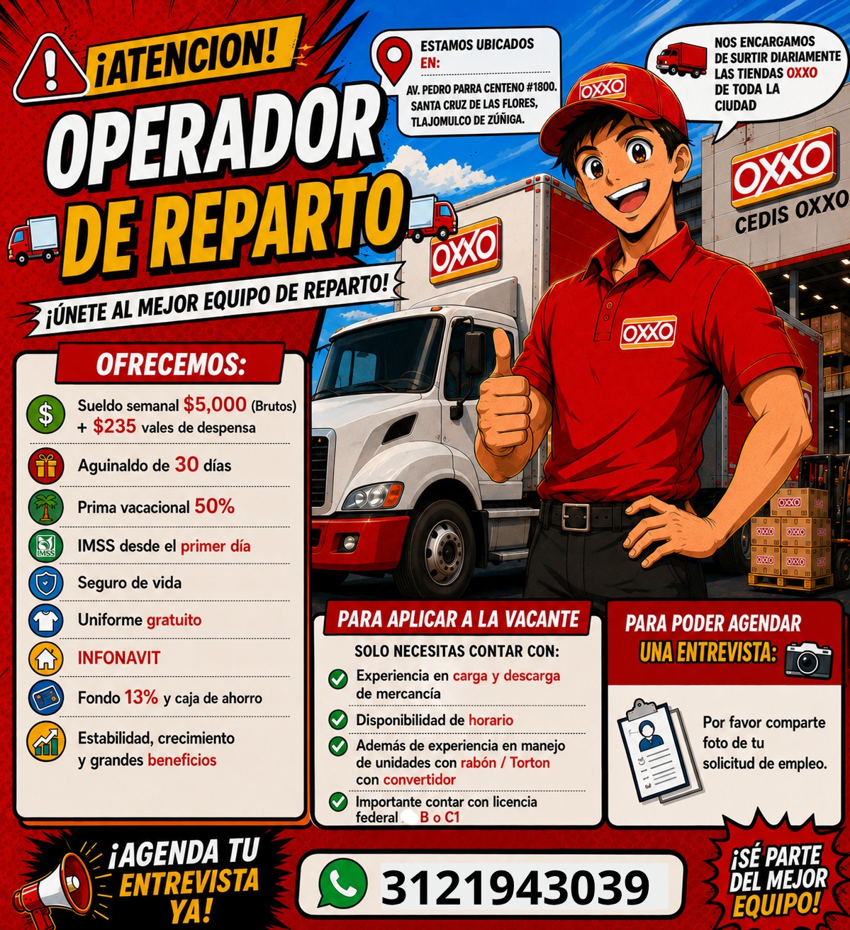 Banner del anuncio de la vacante: ¡ATENCION! · ESTAMOS UBICADOS · OPERADOR · EN: · AV. PEDRO PARRA CENTENO #1800. · SANTA CRUZ DE LAS FLORES, · TLAJOMULCO DE ZÚÑIGA. · •DE RE