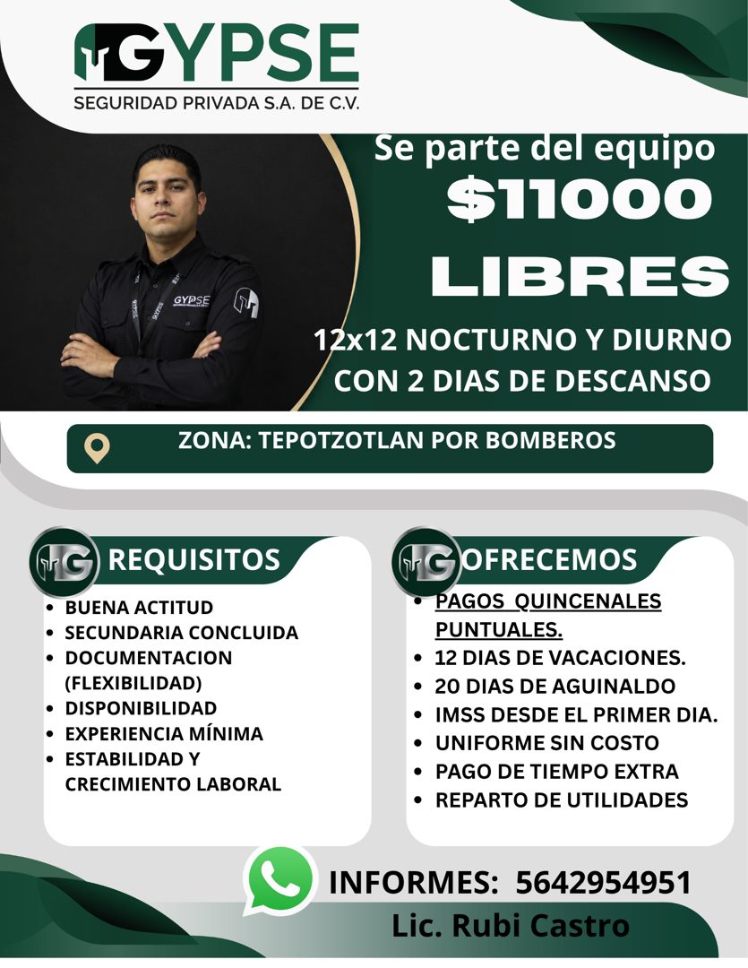 Banner del anuncio de la vacante: NGYPSE · SEGURIDAD PRIVADA S.A. DE C.V. · GYPSE · Se parte del equipo · $11000 · LIBRES · 12x12 NOCTURNO Y DIURNO · CON 2 DIAS DE DESCANSO ·