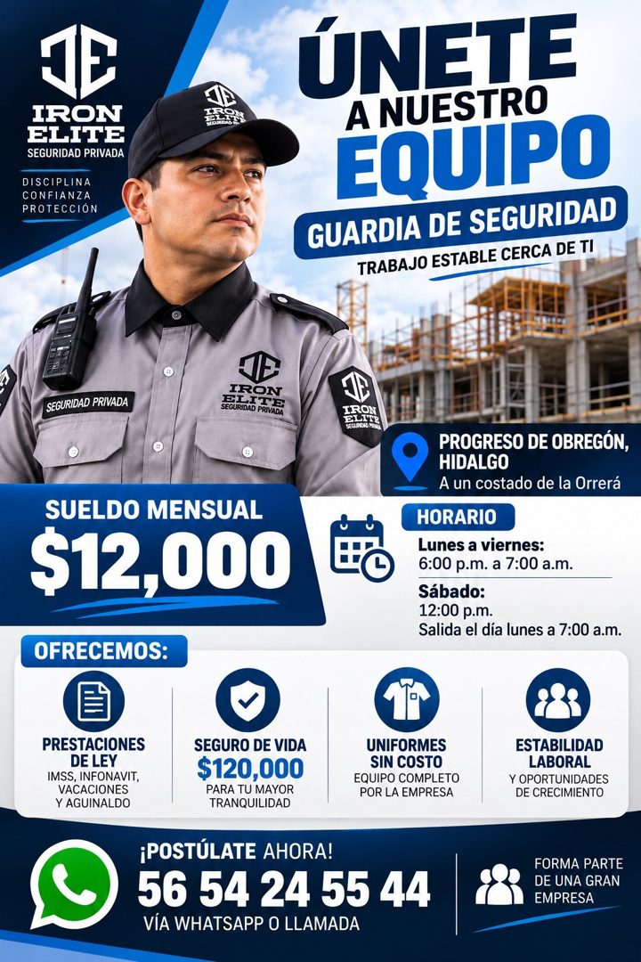 Banner del anuncio de la vacante: IRON · ELITE · SEGURIDAD PRIVADA · DISCIPLINA · CONFIANZA · PROTECCIÓN · HERS · ÚNETE · A NUESTRO · EQUIPO · GUARDIA DE SEGURIDAD · TRABAJO 