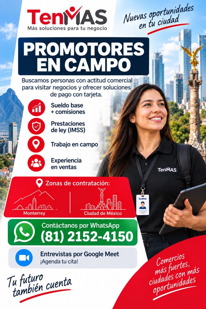 Banner del anuncio de la vacante: TenMAS · Más soluciones para tu negocio · PROMOTORES · EN CAMPO · Buscamos personas con actitud comercial · para visitar negocios y ofrecer 