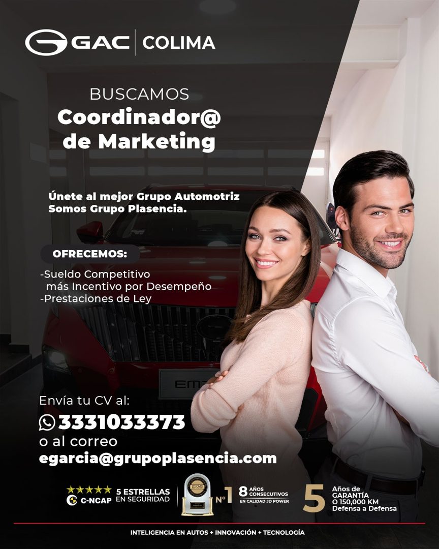 Banner del anuncio de la vacante: SGAC COLIMA · BUSCAMOS · Coordinador@ · de Marketing · Únete al mejor Grupo Automotriz · Somos Grupo Plasencia. · OFRECEMOS: · -Sueldo Compe