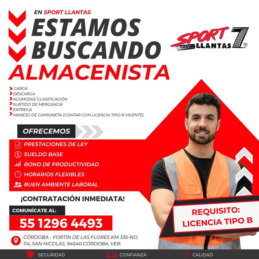 Banner del anuncio de la vacante: EN SPORT LLANTAS · ESTAMOS · BUSCANDO · ALMACENISTA · >. CARGA · > DESCARGA · > ACOMODO/ CLASIFICACIÓN · › SURTIDO DE MERCANCÍA · › ENTREGA 