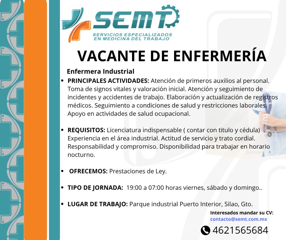 Banner del anuncio de la vacante: SEmi · ERVICIOS ESPECIALIZADO · N MEDICINA DEL TRABAJ · VACANTE DE ENFERMERÍA · Enfermera Industrial · • PRINCIPALES ACTIVIDADES: Atención d