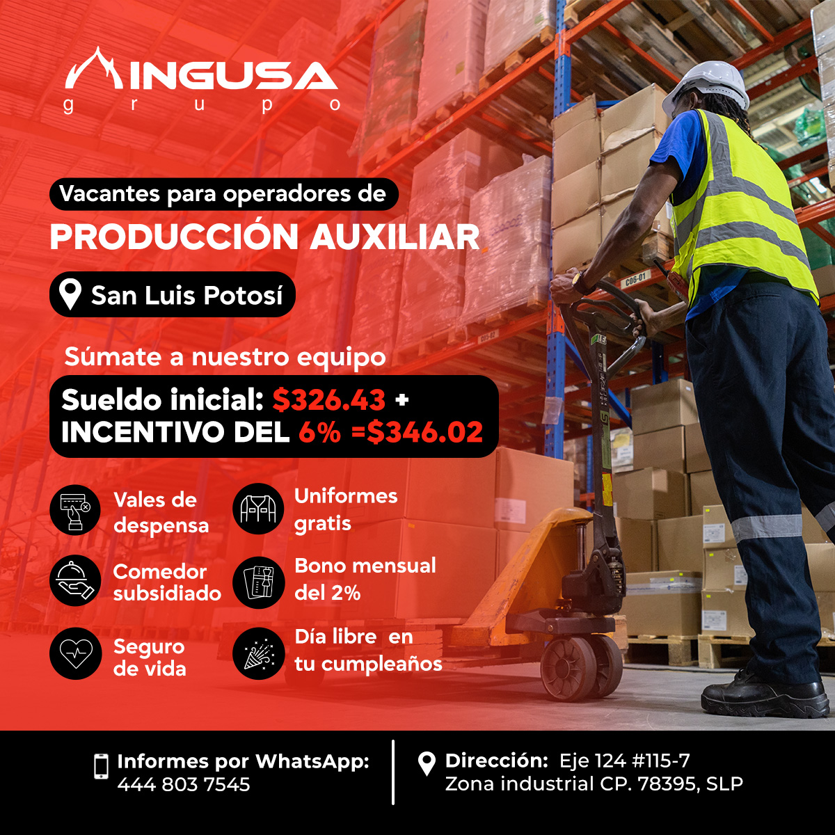 Banner del anuncio de la vacante: g · MINGUSA · r · p · Vacantes para operadores de · PRODUCCIÓN AUXILIAR · San Luis Potosí · COG-01 · 218 · Sumate a nuestro equipo · Sueldo 