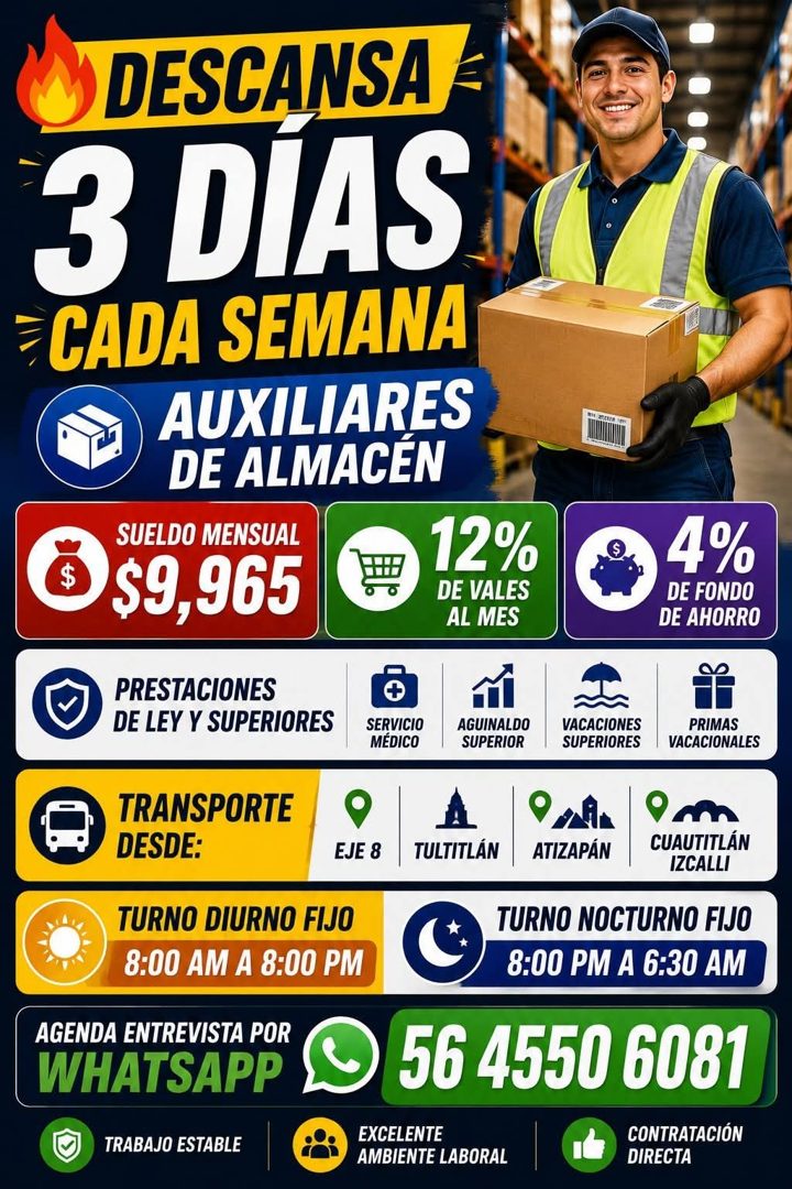 Banner del anuncio de la vacante: DESCANSA · 3 DIAS. · CADA SEMANA · AUXILIARES · DE ALMACEN · SUELDO MENSUAL · 12% · $9,965 · DE VALES · AL MES · PRESTACIONES · DE LEY Y SUP