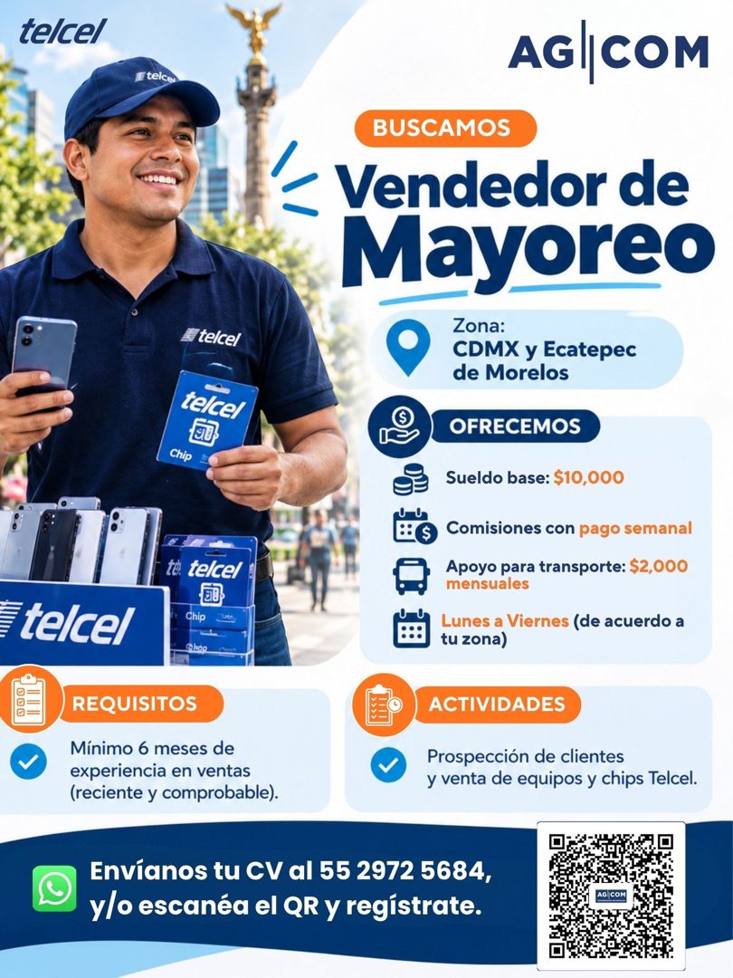 Banner del anuncio de la vacante: te/cel · /telcer · AGICOM · telcel · telcel · Chip · telcel · te telcel · Chip · Pang · BUSCAMOS · /< Vendedor de · Mayoreo · Zona: · CDMX y