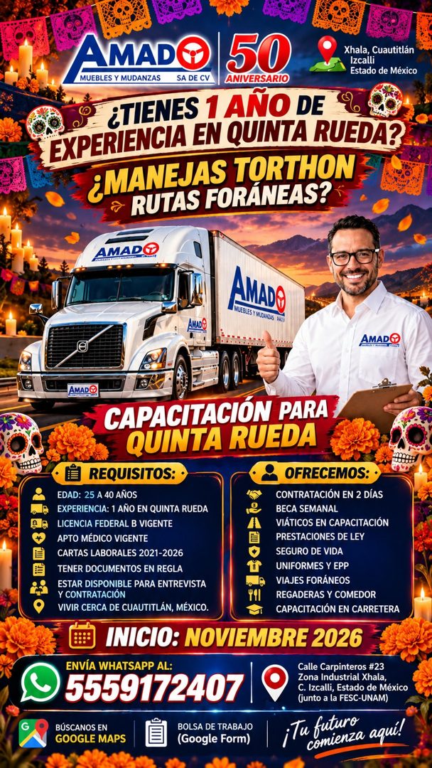 Banner del anuncio de la vacante: AMAD · 50 · Xhala, Cuautitlan · Izcalli · Estado de México · MUEBLES Y MUDANZAS · SA DE CV · ANIVERSARIO · ¿TIENES 1 AÑO DE · EXPERIENCIA EN