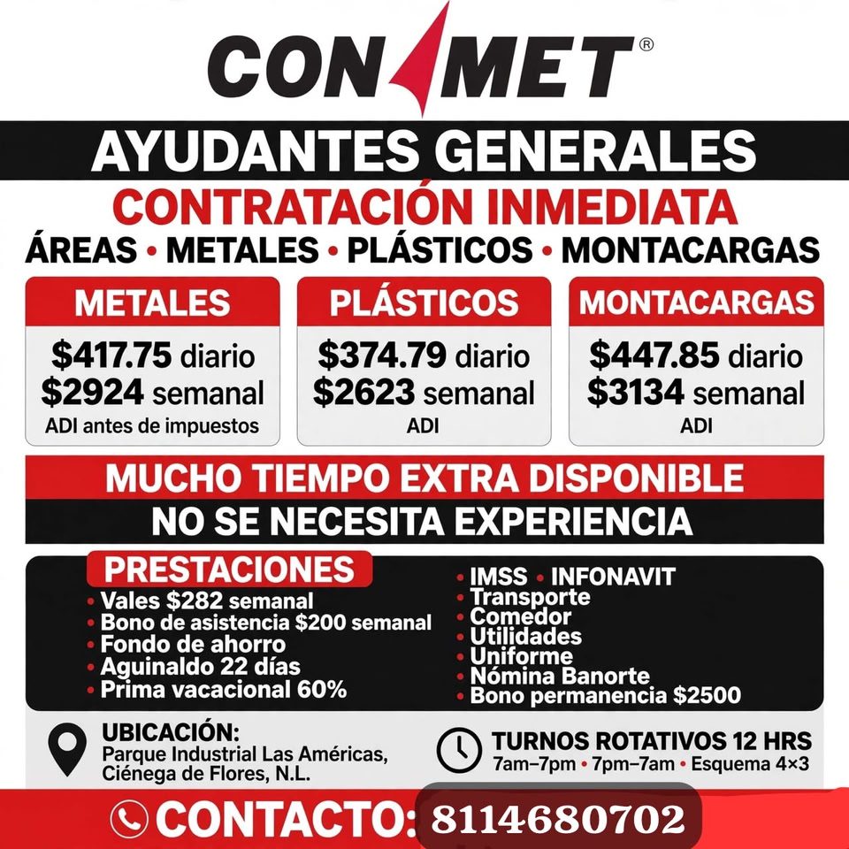 Banner del anuncio de la vacante: CON MET® · AYUDANTES GENERALES · CONTRATACION INMEDIATA · ÁREAS • METALES • PLÁSTICOS • MONTACARGAS · METALES · PLÁSTICOS · MONTACARGAS · $4