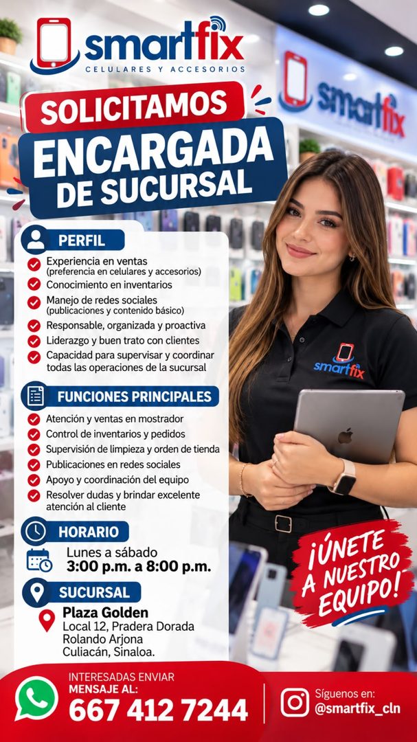 Banner del anuncio de la vacante: smartfix · CELULARES Y ACCESORIOS · SOLICITAMOS · ENCARGADA · DE SUCURSAL · PERFIL · Experiencia en ventas · (preferencia en celulares y acc