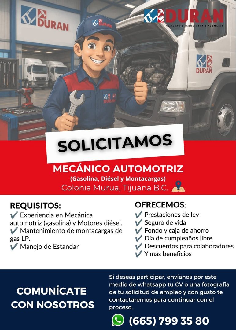 Banner del anuncio de la vacante: DURAN · & DURAN · DURAN · MADERAS · PLOMERiA · DURAN · DURAN · SOLICITAMOS · MECÁNICO AUTOMOTRIZ · (Gasolina, Diésel y Montacargas) · Coloni