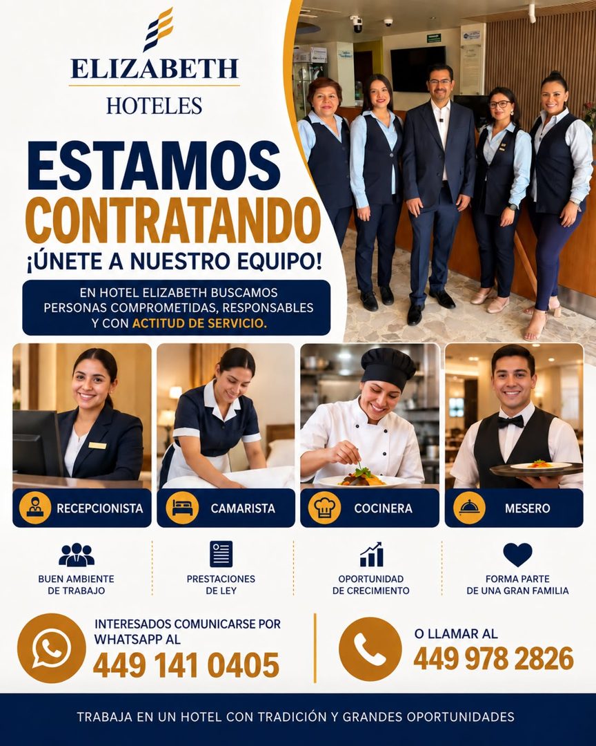 Banner del anuncio de la vacante: ELIZABETH · HOTELES · ESTAMOS · CONTRATANDO · ¡ÚNETE A NUESTRO EQUIPO! · EN HOTEL ELIZABETH BUSCAMOS · PERSONAS COMPROMETIDAS, RESPONSABLES 