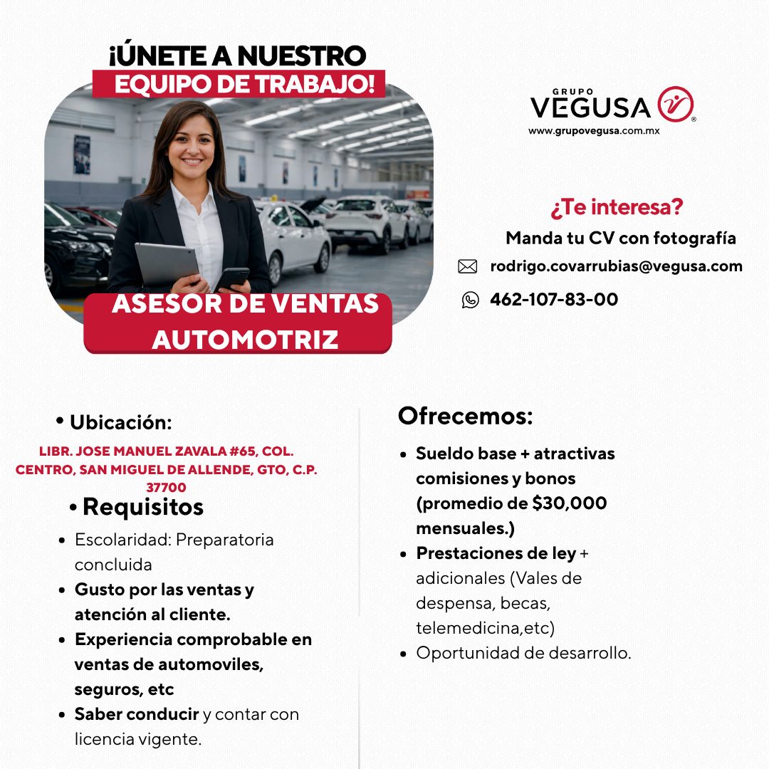 Banner del anuncio de la vacante: ¡ÚNETE A NUESTRO · EQUIPO DE TRABAJO! · ASESOR DE VENTAS · AUTOMOTRIZ · • Ubicación: · LIBR. JOSE MANUEL ZAVALA #65, COL. · CENTRO, SAN MIGU