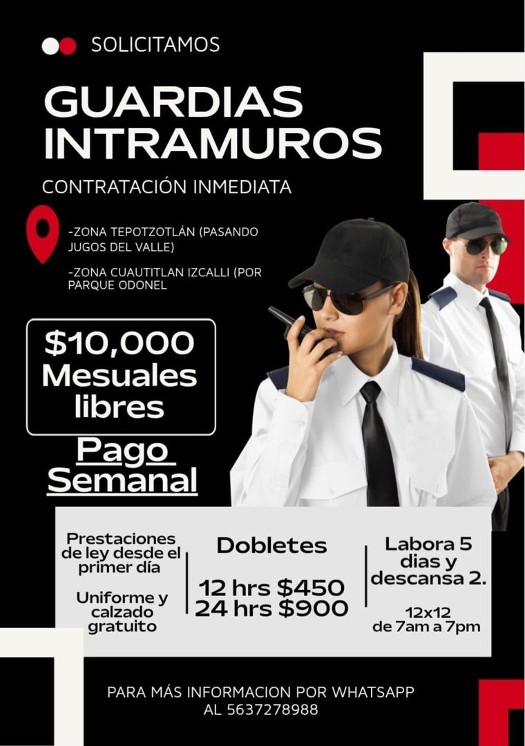 Banner del anuncio de la vacante: SOLICITAMOS · GUARDIAS · INTRAMUROS · CONTRATACIÓN INMEDIATA · -ZONA TEPOTZOTLÁN (PASANDO · JUGOS DEL VALLE) · -ZONA CUAUTITLAN IZCALLI (POR