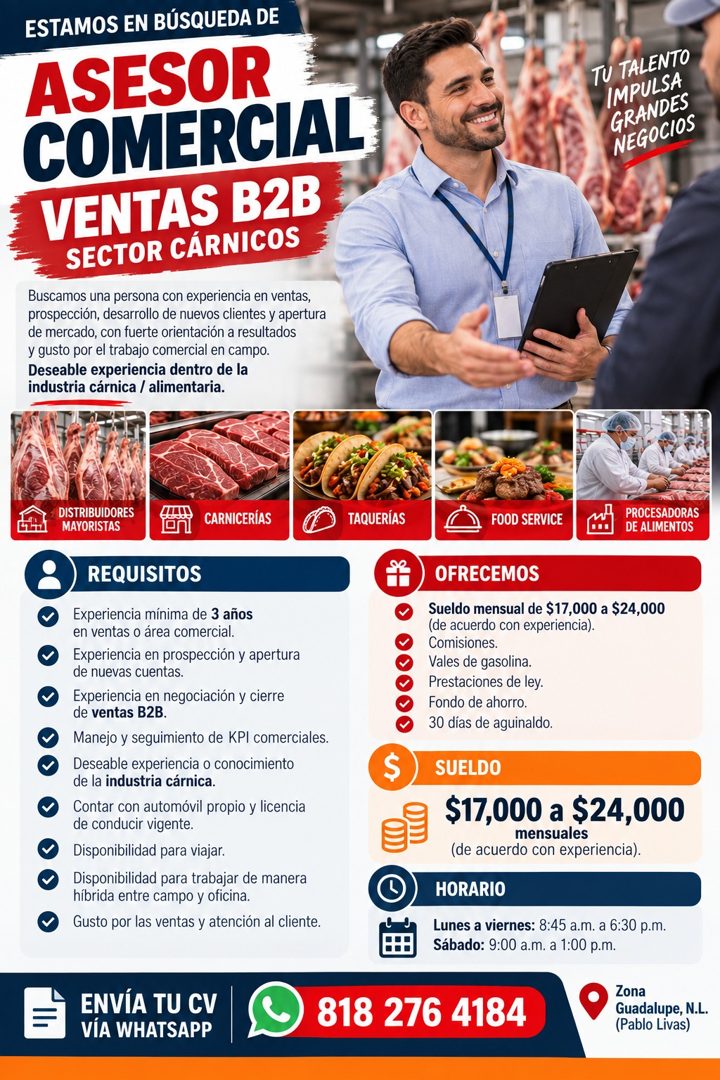 Banner del anuncio de la vacante: ESTAMOS EN BÚSQUEDA DE · ASESOR · COMERCIAL · VENTAS B2B · SECTOR CÁRNICOS · Buscamos una persona con experiencia en ventas, · prospección, 