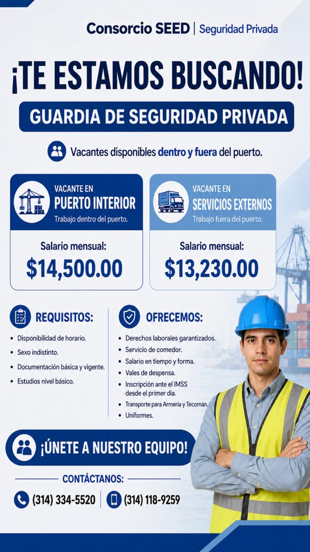 Banner del anuncio de la vacante: Consorcio SEED | Seguridad Privada · ¡TE ESTAMOS BUSCANDO! · GUARDIA DE SEGURIDAD PRIVADA · Vacantes disponibles dentro y fuera del puerto. 
