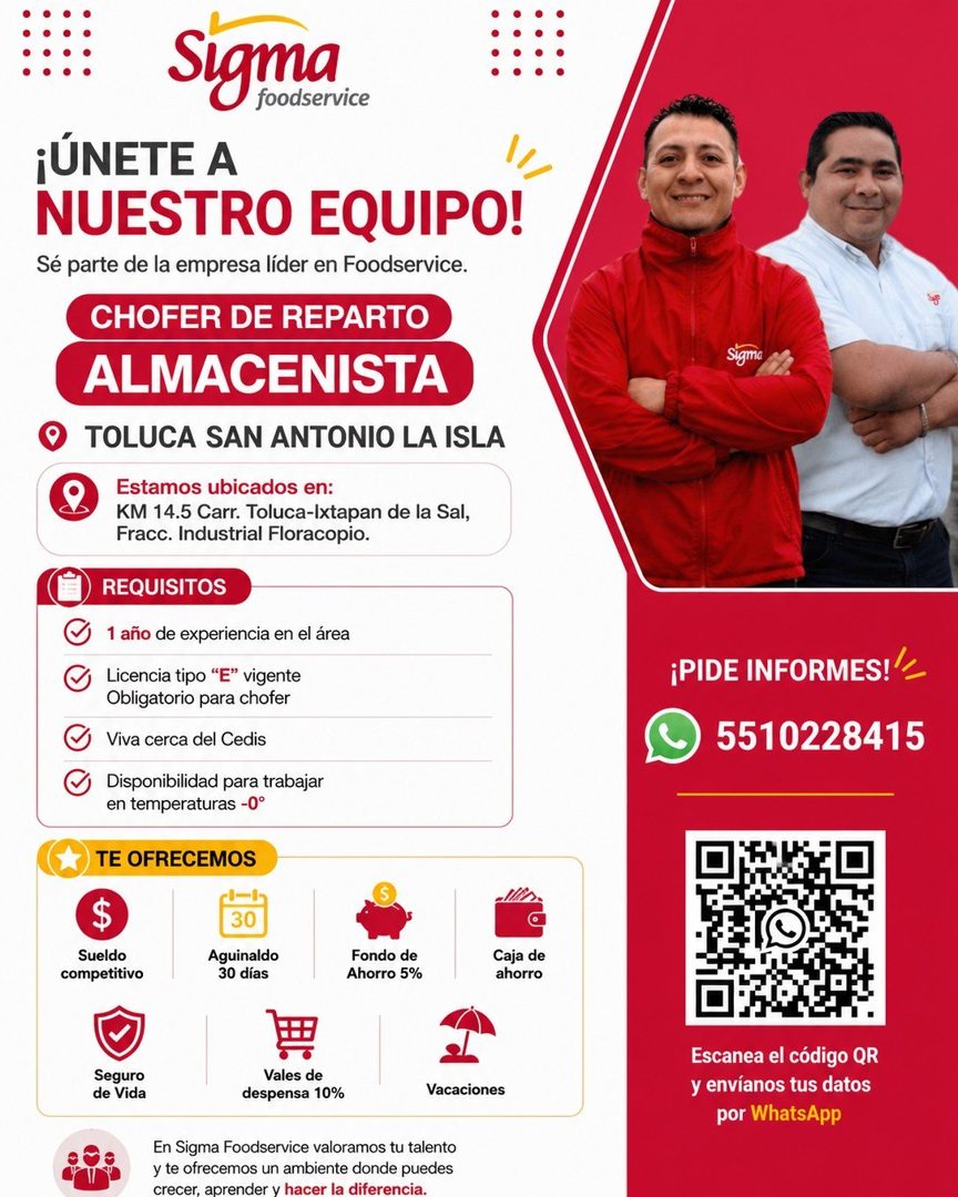 Banner del anuncio de la vacante: Sigma · foodservice · ¡ÚNETE A · NUESTRO EQUIPO! · Sé parte de la empresa líder en Foodservice. · CHOFER DE REPARTO · ALMACENISTA · TOLUCA S
