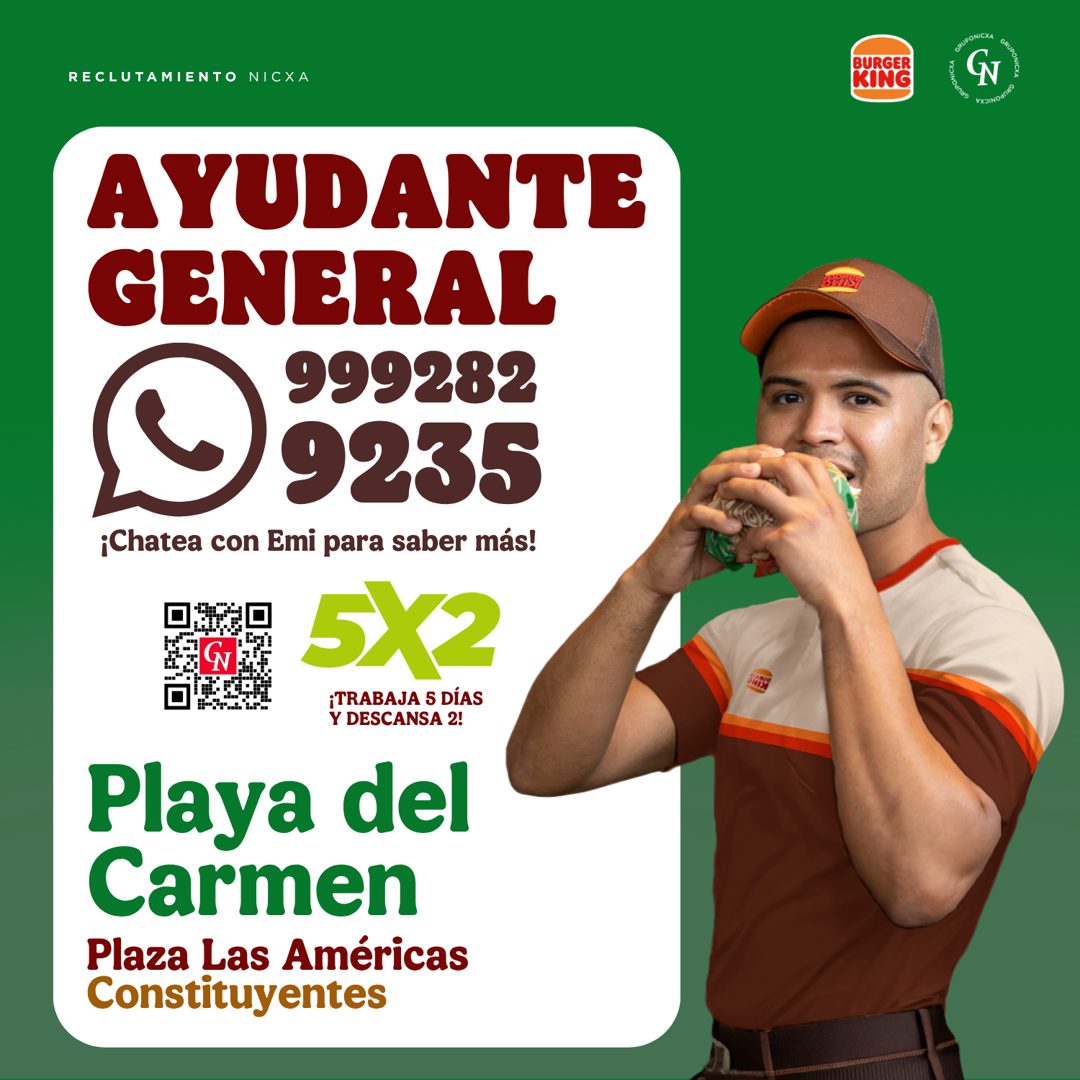 Banner del anuncio de la vacante: RECLUTAMIENTO NICXA · AYUDANTE · GENERAL · 999282 · 9235 · ¡Chatea con Emi para saber más! · 5X2 · ¡TRABAJA 5 DÍAS · Y DESCANSA 2! · Playa d