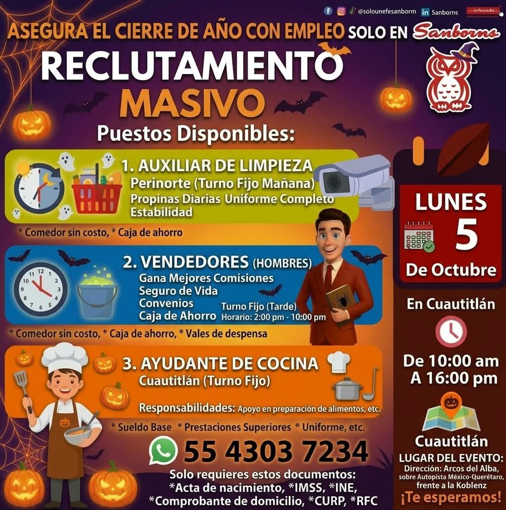 Banner del anuncio de la vacante: @solounefesanborm · in Sanborns · -Acfuanedie: · ASEGURA EL CIERRE DE AÑO CON EMPLEO SOLO EN Sanboros · RECLUTAMIENTO · MASIVO · Puestos Dis