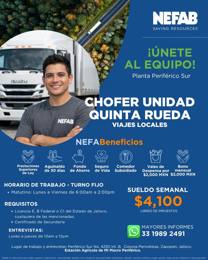 Banner del anuncio de la vacante: NEFAB · SAVING RESOURCES · ¡ÚNETE · AL EQUIPO! · Planta Periférico Sur · ISUZU · NEFAB · CHOFER UNIDAD · QUINTA RUEDA · VIAJES LOCALES · NEF