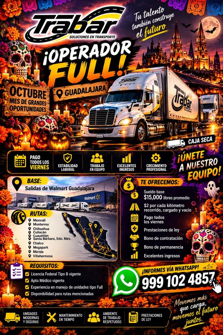 Banner del anuncio de la vacante: Trabar · ¡OPERADOR · FULL · Trabat · OCTUBRE · GUADALAJARA · MES DE GRANDES · OPORTUNIDADES · Tu talento · también construye · el futuro · P