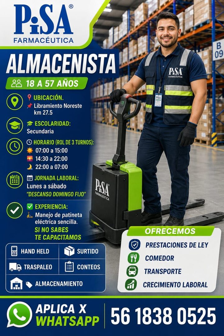 Banner del anuncio de la vacante: P:SA® · FARMACÉUTICA · ALMACENISTA · 88 18 A 57 AÑOS · ? UBICACIÓN. · Libramiento Noreste · km 27.5 · • ESCOLARIDAD: · Secundaria · HORARIO 