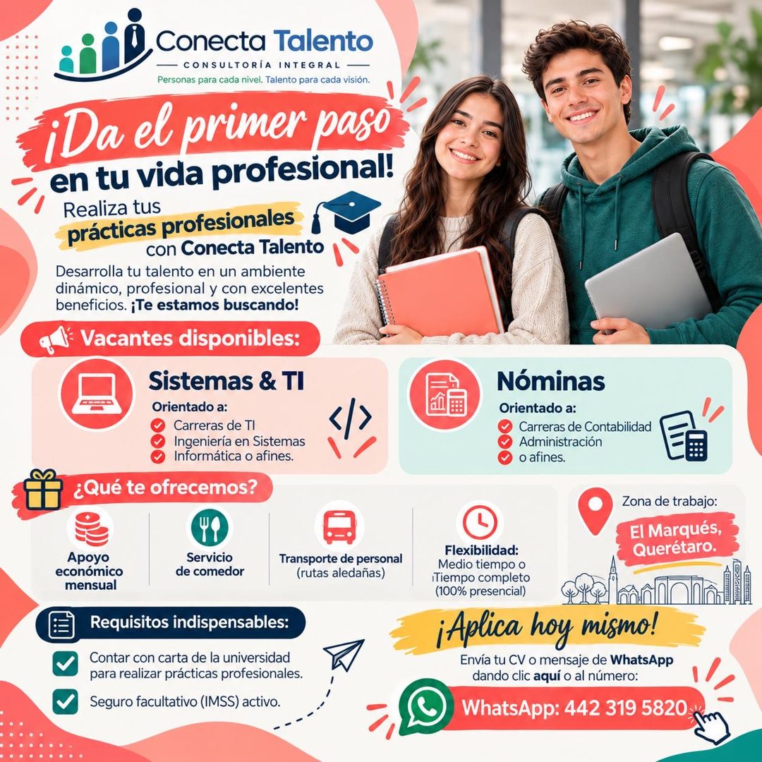 Banner del anuncio de la vacante: Conecta Talento · — CONSULTORÍA INTEGRAL · Personas para cada nivel. Talento para cada visión. · ¡Da el primer paso · en tu vida profesional