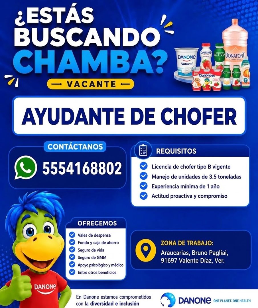 Banner del anuncio de la vacante: ¿ESTÁS · BUSCANDO · CHAMBA? · - VACANTE - · DANONE · Natural · DANCNE · ACTIVIA BONAFONT · LACTINA · Danonino · AYUDANTE DE CHOFER · CONTÁCT