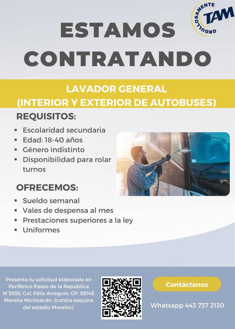 Banner del anuncio de la vacante: TAM · ESTAMOS · CONTRATANDO · LAVADOR GENERAL · (INTERIOR Y EXTERIOR DE AUTOBUSES) · REQUISITOS: · • Escolaridad secundaria · • Edad: 18-40 