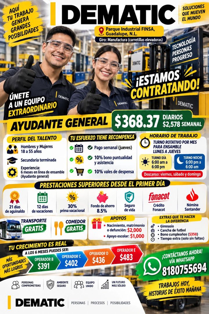 Banner del anuncio de la vacante: AQUÍ · TU TRABAJO · GENERA · GRANDES · POSIBILIDADES · DEMATIC · Parque Industrial FINSA, · Guadalupe, N.L. · Giro: Manufactura (carretillas