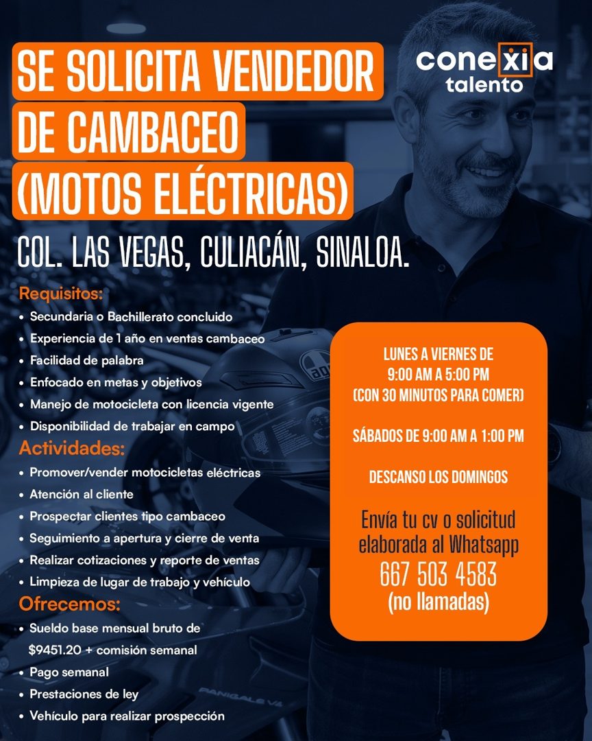 Banner del anuncio de la vacante: SE SOLICITA VENDEDOR · DE CAMBACEO · (MOTOS ELÉCTRICAS) · COL. LAS VEGAS, CULIACÁN, SINALOA. · Requisitos: · • Secundaria o Bachillerato con