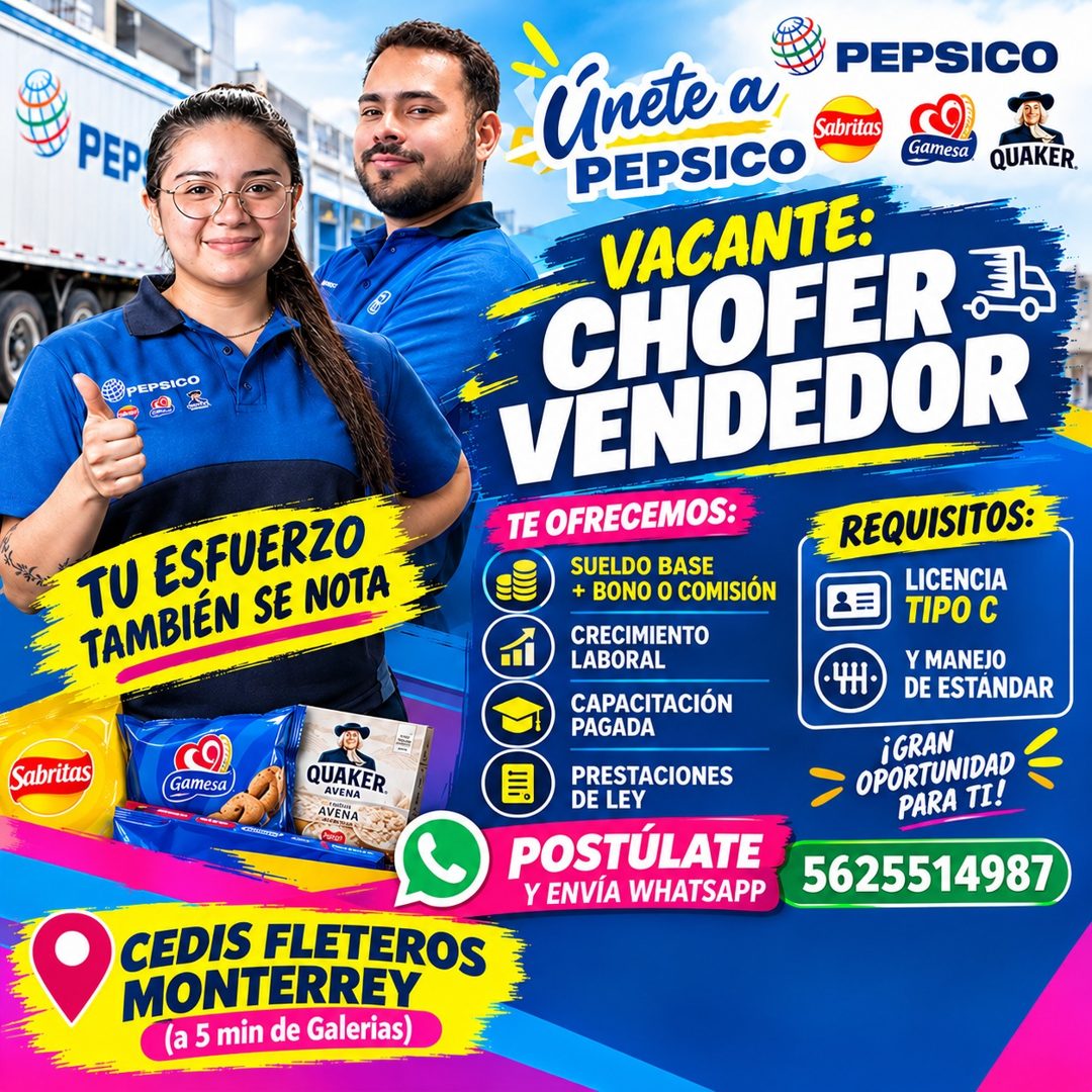 Banner del anuncio de la vacante: PEP · PEPSICO · TU ESFUERZO · TAMBIÉN SE NOTA · Sabritas · Gamesa · QUAKER. · AVENA · VEN · Únete a · PEPSICO · Sabritas · PEPSICO · Gamesa 