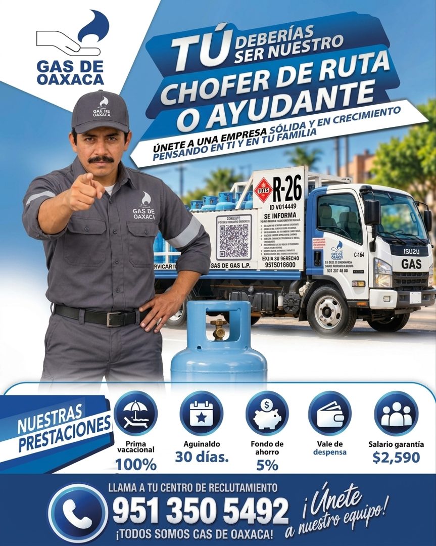 Banner del anuncio de la vacante: GAS DE · OAXACA · DAR DE · DAXAEA · SER NUESTRO · CHOFER DE RUTA · O AYUDANTE · ÚNETE A UNA EMPRESA SÓLIDA Y EN CRECIMIENTO · PENSANDO EN TI