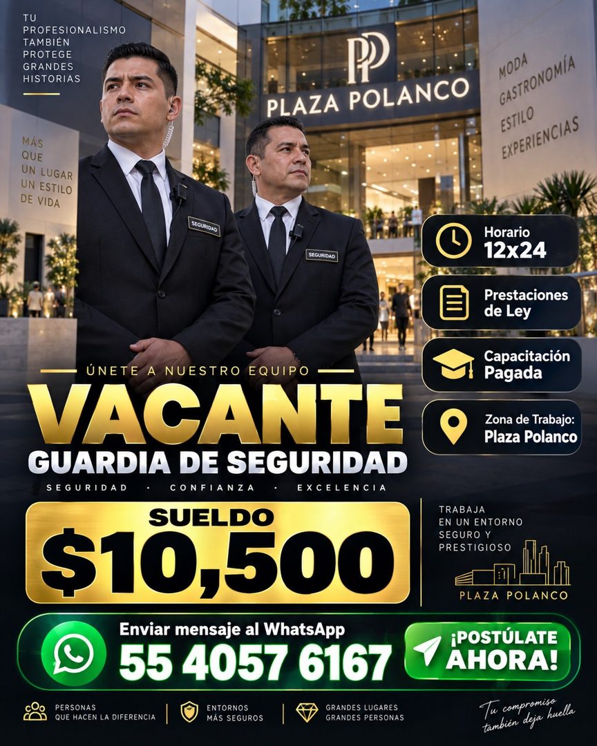 Banner del anuncio de la vacante: TU · PROFESIONALISMO · TAMBIỀN · PROTEGE · GRANDES · HISTORIAS · P) · PLAZA POLANCO · MODA · GASTRONOMÍA · ESTILO · EXPERIENCIAS · MÁS · QUE