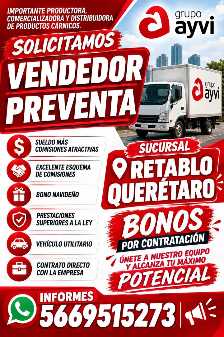 Banner del anuncio de la vacante: IMPORTANTE PRODUCTORA, · COMERCIALIZADORA Y DISTRIBUIDORA · DE PRODUCTOS CÁRNICOS. · SOLICITAMOS · VENDEDOR · PREVENTA · grupo · ayvi · grup