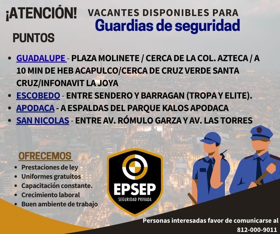 Banner del anuncio de la vacante: ¡ATENCIÓN! VACANTES DISPONIBLES PARA · Guardias de seguridad · PUNTOS · • GUADALUPE - PLAZA MOLINETE / CERCA DE LA COL. AZTECA / A · 10 MIN 
