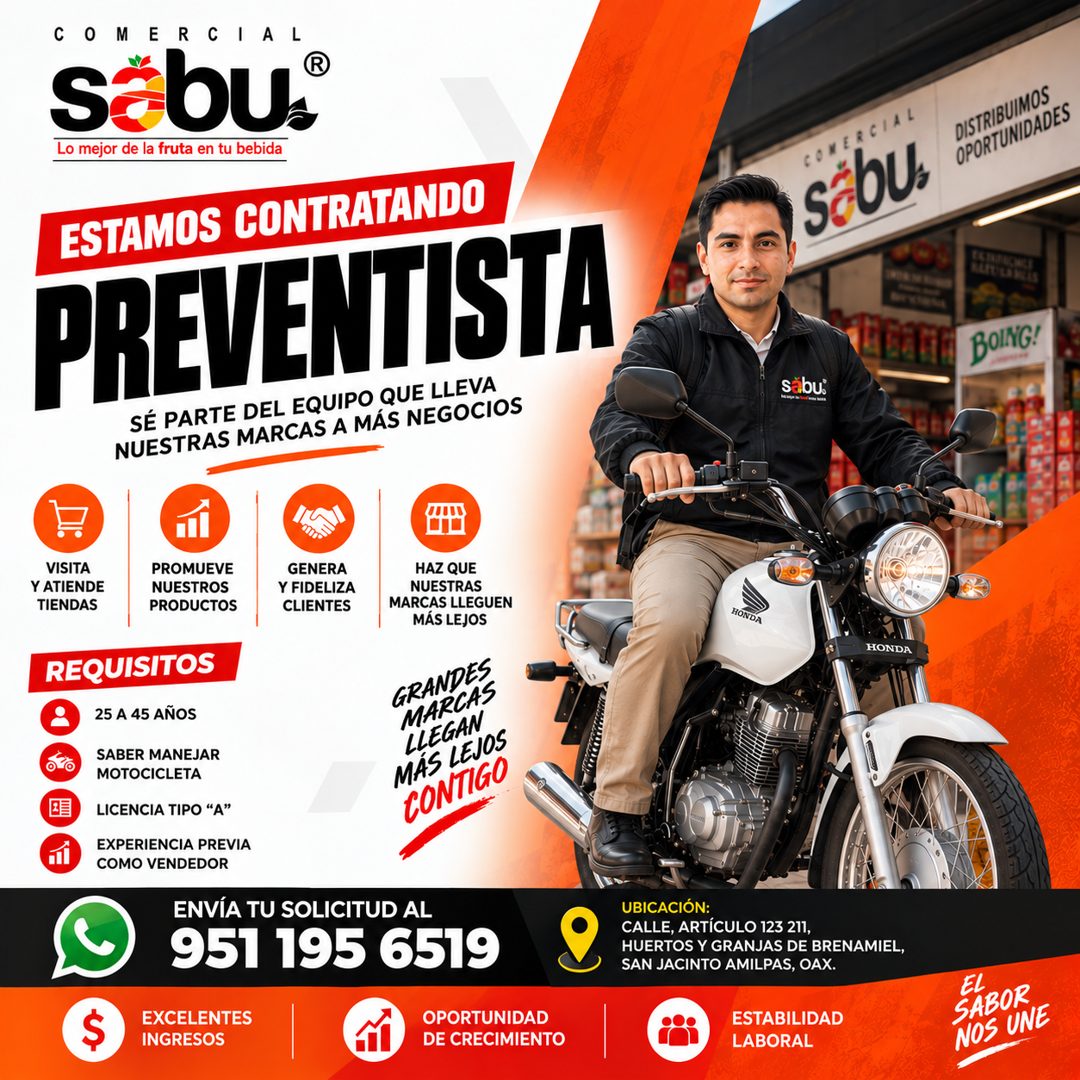 Banner del anuncio de la vacante: COMERCIAL · Sabu® · Lo mejor de la fruta en tu bebida · ESTAMOS CONTRATANDO · PREVENTISTA · SÉ PARTE DEL EQUIPO QUE LLEVA · NUESTRAS MARCAS 