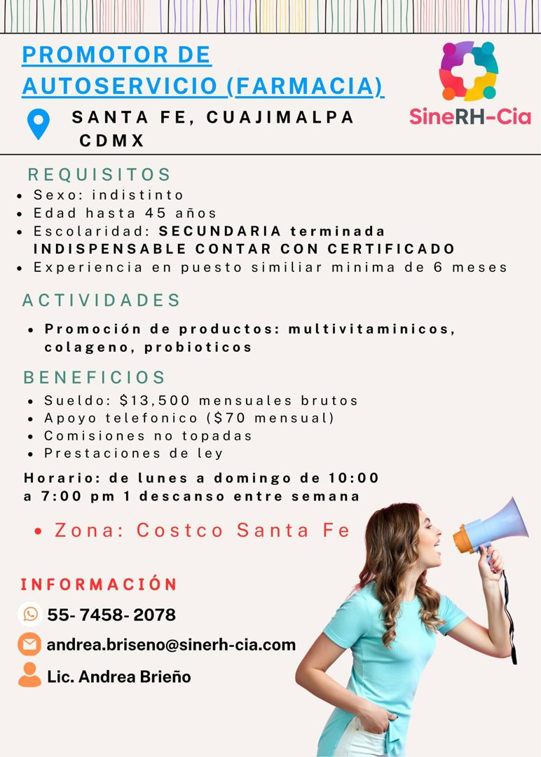 Banner del anuncio de la vacante: PROMOTOR DE · AUTOSERVICIO (FARMACIA). · SANTA FE, CUAJIMALPA · CDMX · SineRH-Cia · REQUISITOS · • Sexo: indistinto · • Edad hasta 45 años ·