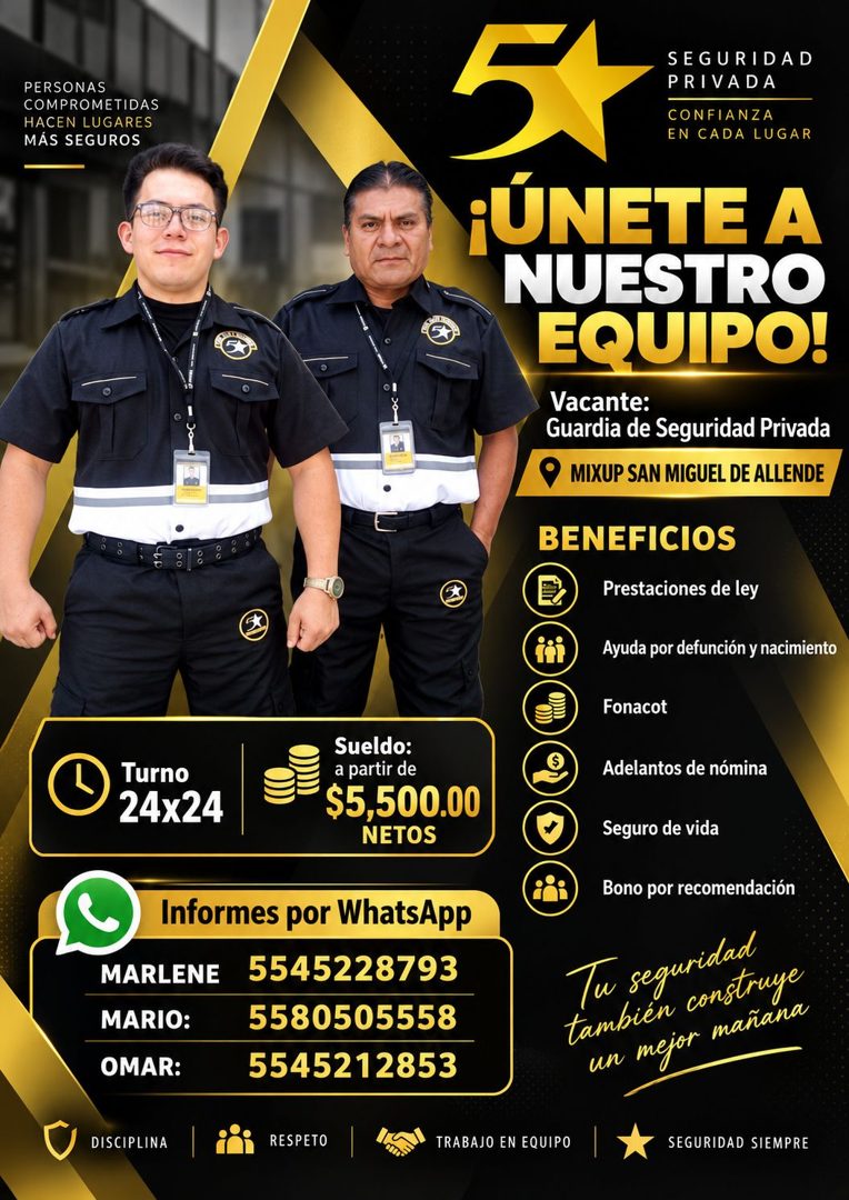 Banner del anuncio de la vacante: PERSONAS · COMPROMETIDAS · HACEN LUGARES · MÁS SEGUROS · Turno · 24x24 · Sueldo: · a partir de · $5,500.00 · NETOS · Informes por WhatsApp ·